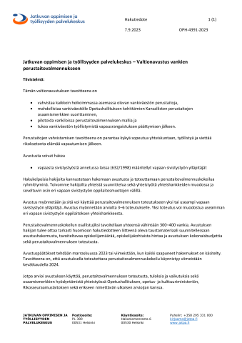 Hakutiedote Jatkuvan oppimisen ja työllisyyden palvelukeskus - Valtionavustus vankien perustaitovalmennukseen, asiakirjan etusivu