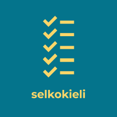 Tarkistuslista, jossa viisi keltaista ruksia ja viisi vaakaviivaa kuvaamassa sisältöä. Alla lukee "selkokieli".
