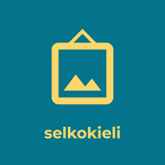 Kehystetty taulu, jossa on vuoristoa kuvaava symboli sinisellä taustalla kuvaamassa huoneentaulua. Alla teksti "selkokieli".