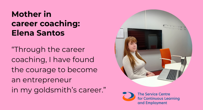 Mother in  career coaching: Elena Santos. Text on the left and a picture of a woman on the right.