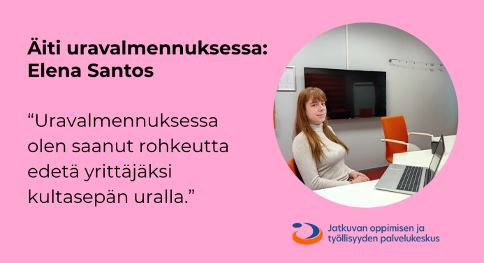 Äiti uravalmennuksessa. Elena Santos. Tekstiä vasemmalla ja naisen valokuva oikealla.