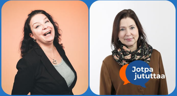 Kasvokuvat kahdesta henkilöstä, jotka katsovat kameraan. Oikeassa alareunassa Jotpa jututtaa -logo.