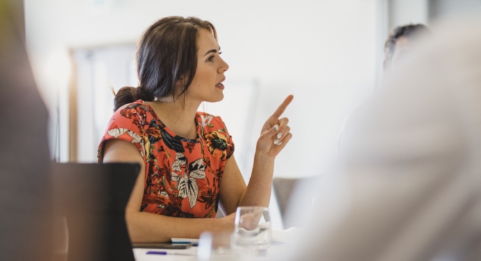 Henkilö puhuu kokouksessa ja osoittaa etusormellaan jotakin. Taustalla muita henkilöitä ja tietokone.