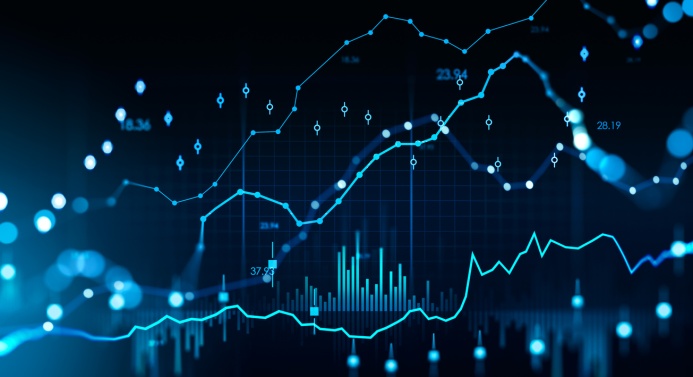 Kuvituskuva, jossa tummalla taustalla erilaisia sinisiä kuvaajia.