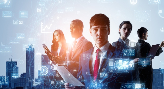 Kuvituskuva pohdiskelevista ihmisistä datakuviota taustallaan