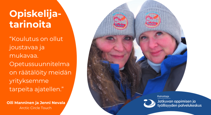 Opiskelijatarina. Vasemmalla opiskelijan sitaatti. Oikealla kuva kahdesta hymyilevästä henkilöstä.