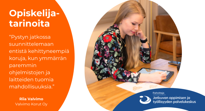 Opiskelijatarina. Vasemmalla opiskelijan sitaatti. Oikealla henkilö piirtää tabletilla.