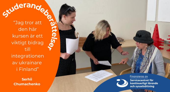 Tre människor pratar tillsammans. Studerandeberättelser. “Jag tror att den här kursen är ett viktigt bidrag till integrationen av ukrainare i Finland”, säger Serhii Chumachenko.
