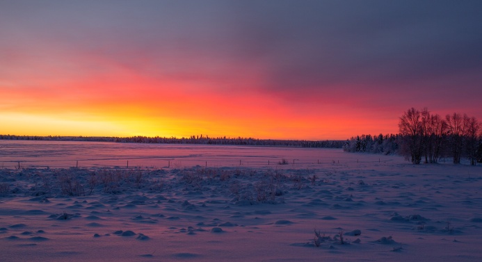 Luminen peltomaisema punertavassa auringonlaskussa.