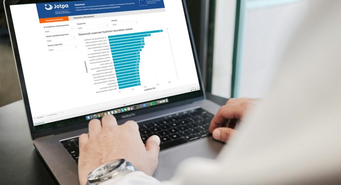 Henkilö kannettavan tietokoneen ääressä, näytöllä Power BI -raportti